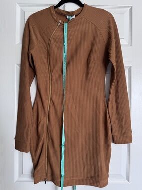 NWT Mistress Rocks Tan Brown Long Sleeve Mini Women’s Dress Front Zip L Large